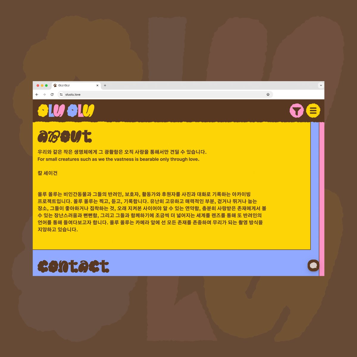 오랫동안 준비해온 올루 올루를 오픈했습니다. 비인간동물과 그들의 반려인, 보호자, 활동가와 후원자를 사진과 대화로 기록하는 아카이빙 프로젝트입니다. oluolu.love 많은 관심을!