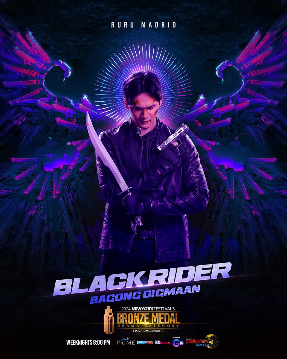 BRONZE MEDALIST SA NYF ANG ACTION SERIES NG MASA! Nanalo po ang #BlackRider ng bronze medal sa New York Festivals TV & Film Awards para sa taong 2024 sa ilalim ng kategoryang Entertainment Program: Drama. Ito ang Tatak Public Affairs, Tatak World-class!