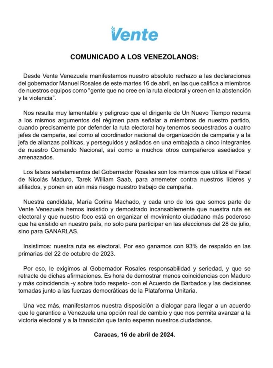 PerkinsRocha's tweet photo. Vente Venezuela se pronuncia sobre las temerarias e irresponsables declaraciones de Manuel Rosales… https://t.co/9iBTOhNcNg
