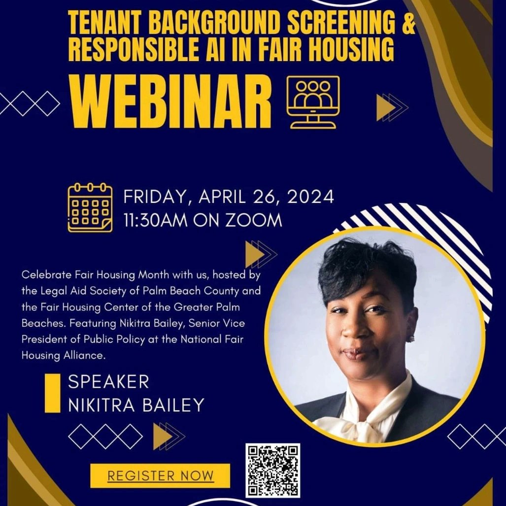 It’s Fair Housing Month! Join the FHC and Legal Aid Society of Palm Beach County for a free webinar on Tenant Background Screening and Responsible AI in Fair Housing. #FairHousingMonth us06web.zoom.us/webinar/regist…