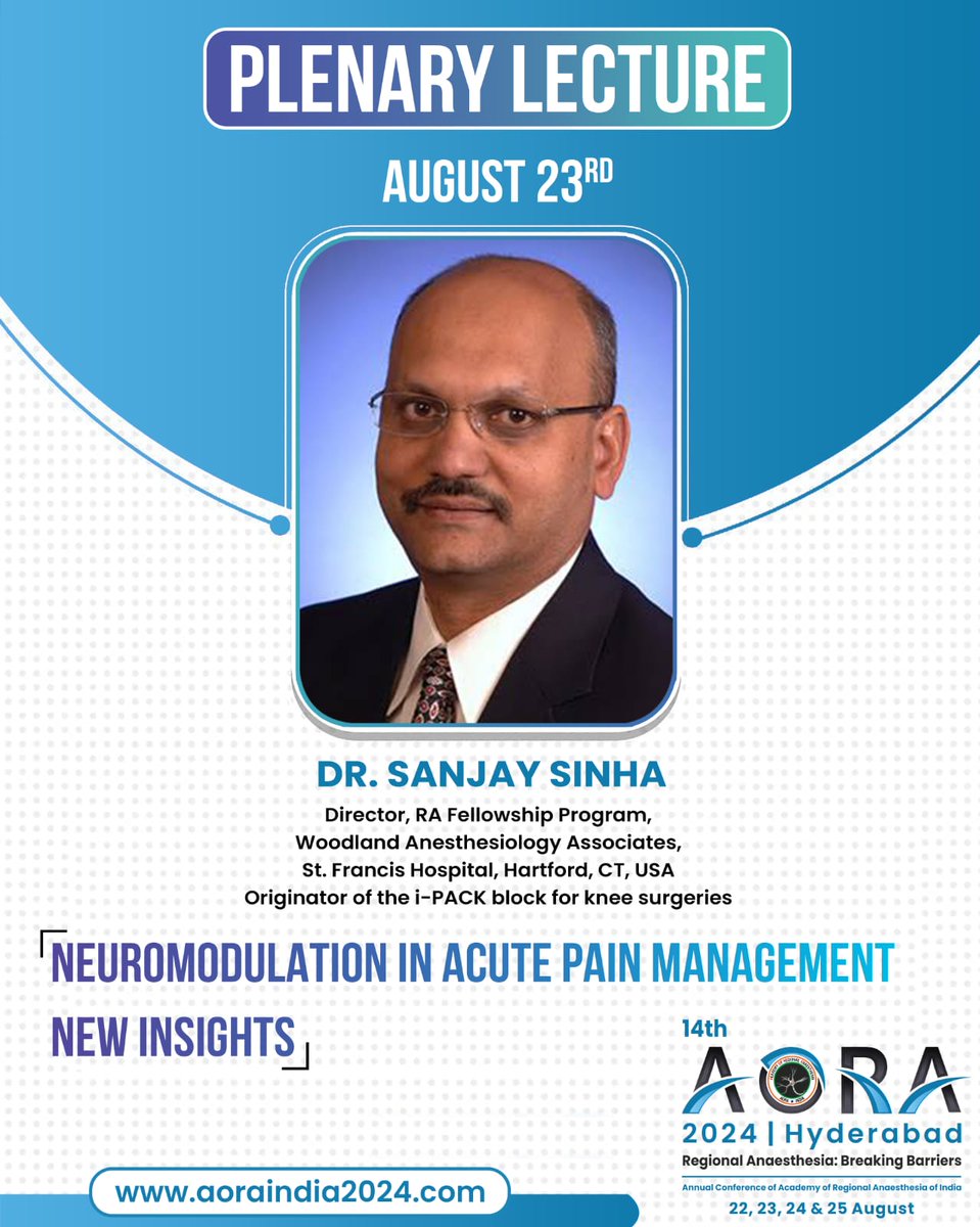 @ssinha3300 is speaking on the role of neuromodulation in acute pain in #AORA24 Don't miss listening and interacting with him. @ASRA_Society @ESRA_Society @RegionalAnaesUK @aosra_pm @AFSRA10