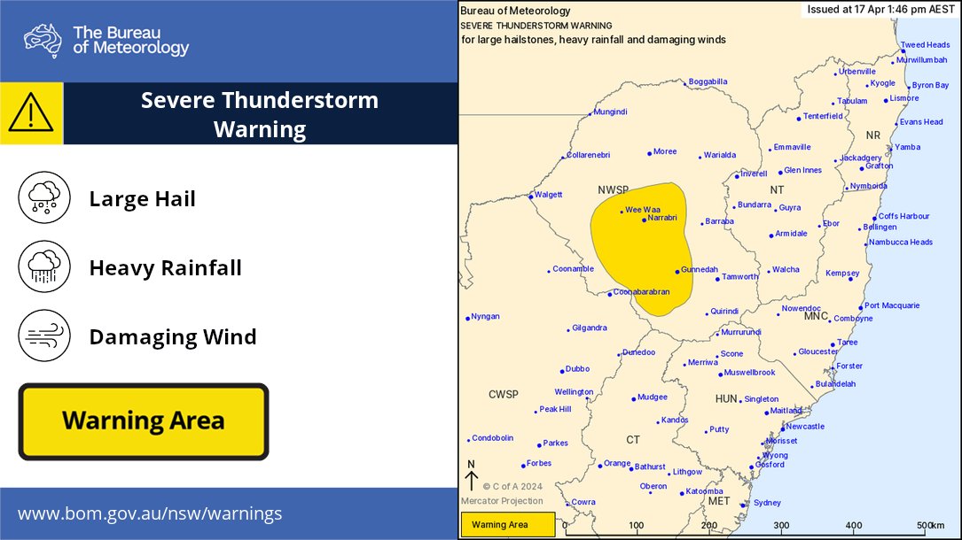 A Severe Thunderstorm Warning for LARGE HAILSTONES, HEAVY RAINFALL and DAMAGING WINDS
has been issued for parts of the North West Slopes and Plains Forecast District. Monitor the storms on radar bom.gov.au/australia/rada…