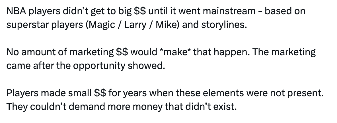 Check123Mic's tweet photo. @DreAllDay @jemelehill it's hard to keep up with your shifting points. When the NBA: the "marketing came after the opportunity showed." But when talking about the unprecedented #'s w bball brought in?:  "How does any study “prove” which came first between the performance and the attention?" https://t.co/5ThHmHDRNA