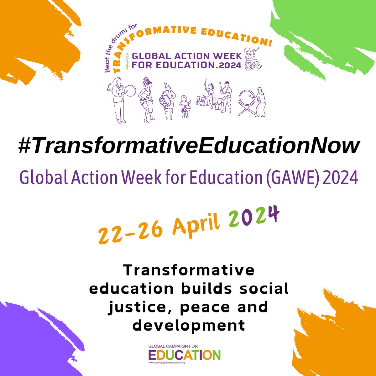 The countdown has begun! Global Action Week for Education (GAWE) 2024, 22-26 April is themed on Transformative Education. Use the hashtag #TransformativeEducationNow &amp; support the campaign for education that has the power to transform lives. #EducationForAll  #NoOneLeftBehind