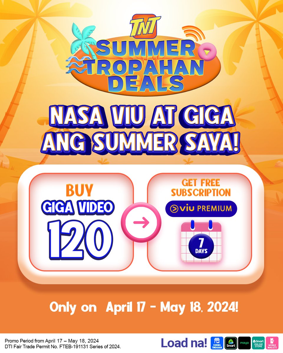 Sagot na namin ang VIU mo this summer 🕶️☀️ Mag-load lang ng TNT Giga Video 120 para makakuha ng FREE VIU Premium subscription valid for 7 days. Load na: smrt.ph/tntdeals #TNTGigaVideo