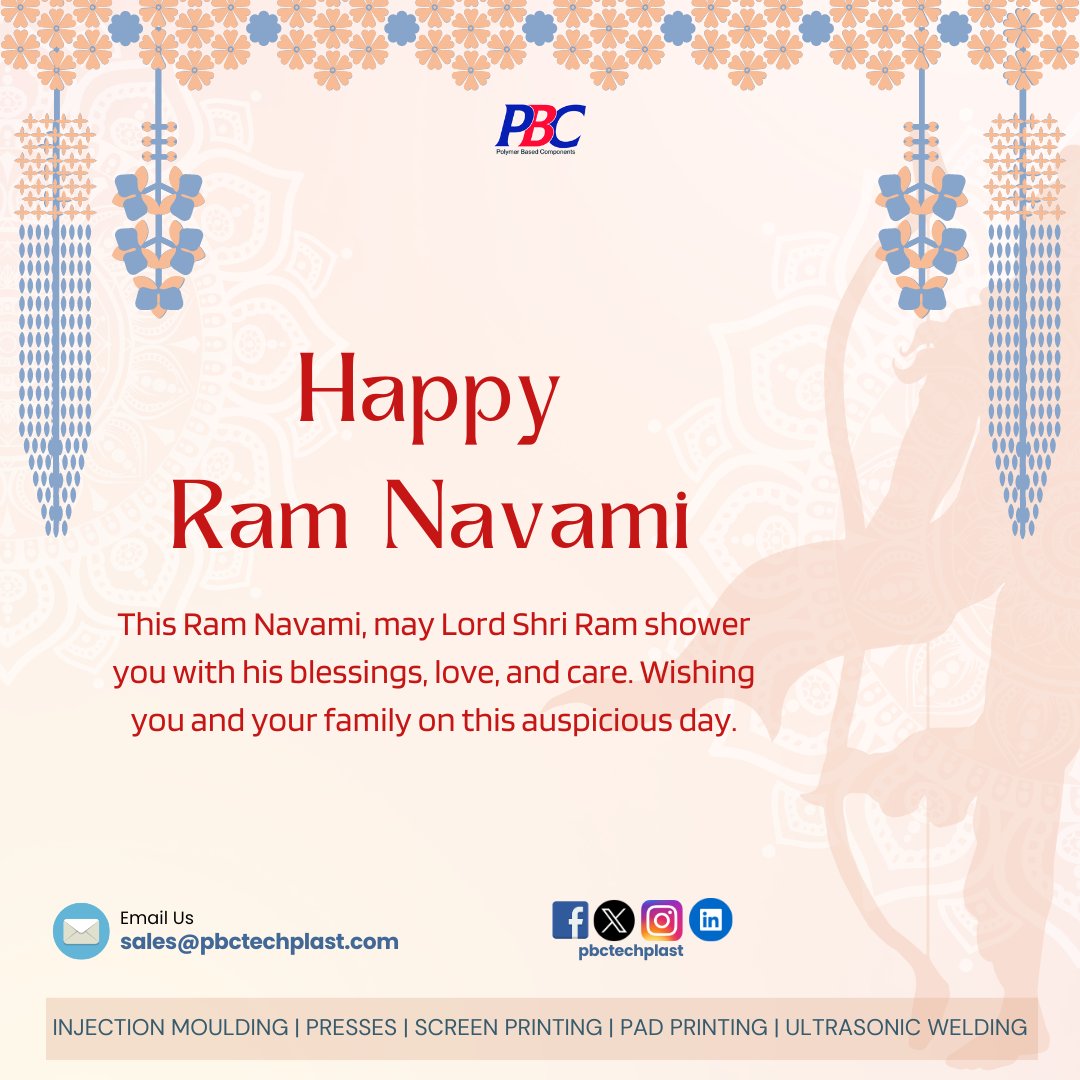 This Ram Navami, may Lord Shri Ram shower you with his blessings, love, and care.

#ScreenPrinting #PadPrinting #PrintingTechniques #pbctechplast #injectionmolding #manufacturing #jobwork #sparecapacity #hyderabad #industry #plasticmanufacturer#HappyRamNavami