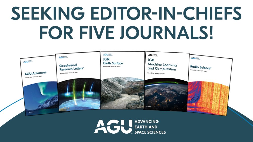 Five AGU Journals are seeking Editor-in-Chiefs! This is your opportunity to serve a pivotal role in AGU Advances, Geophysical Research Letters, JGR: Earth Surface, JGR: Machine Learning, and Radio Science. Submit your application by 5 June 👉 lite.spr.ly/6003NKS