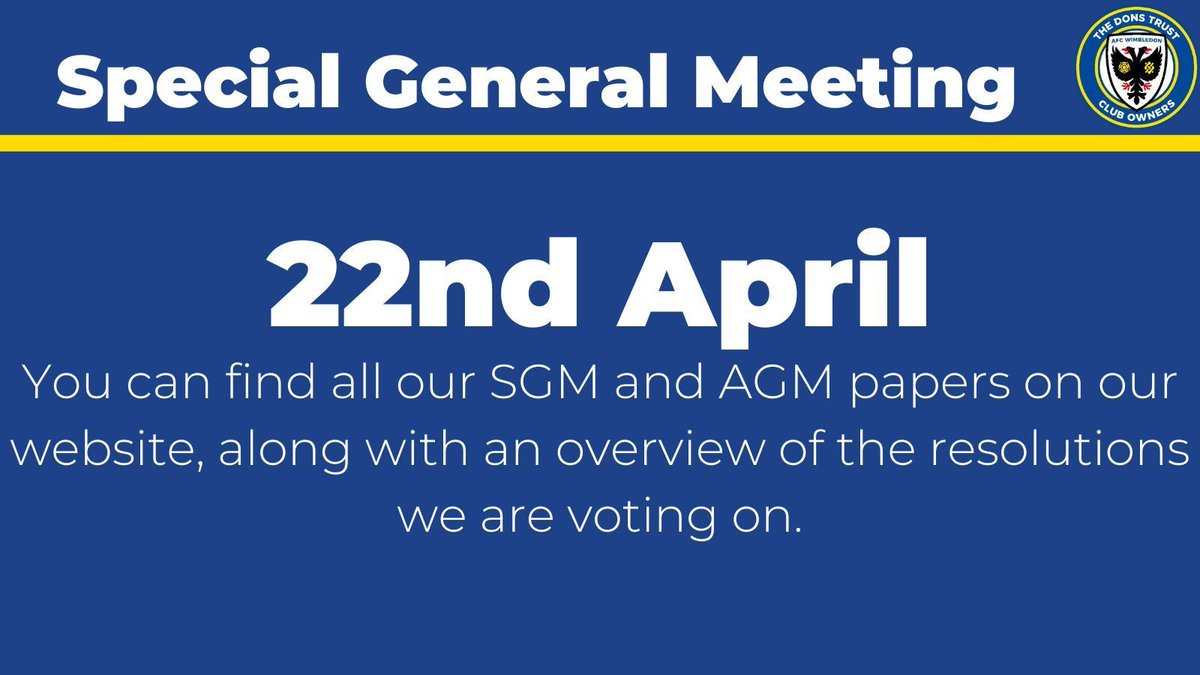 Our SGM is on Monday, with resolutions focused on some changes to bring us in line with the Companies Act (2006) and controls to safeguard fan ownership Members can vote online in advance of the meeting, online on the night, or in person on the night. buff.ly/3xtYkIp