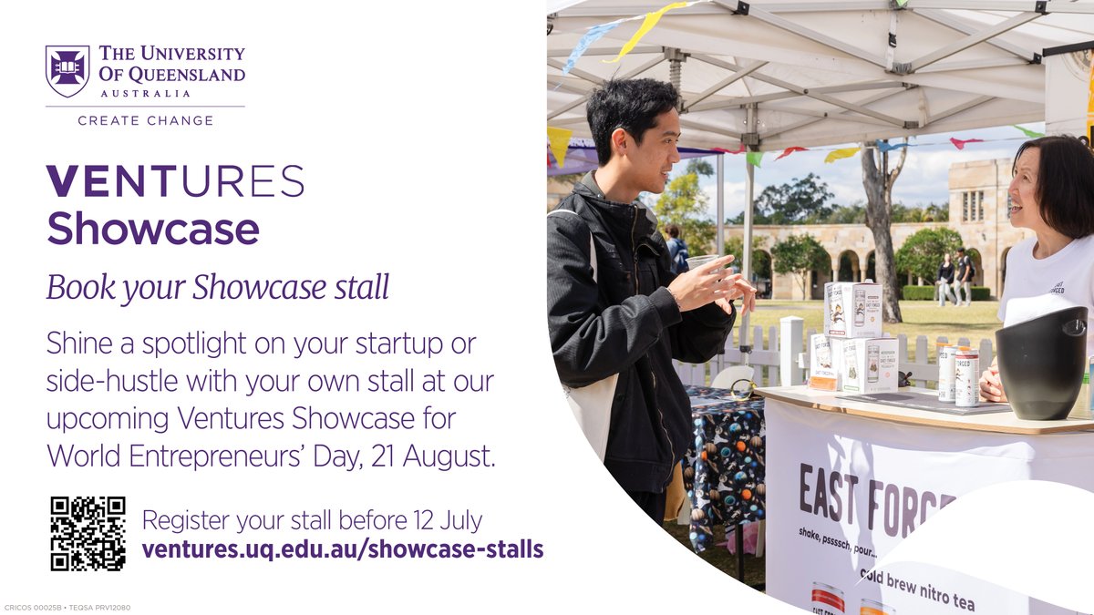 We are looking for enthusiastic startups to take part in the 2024 #UQVentures Showcase 🎉 Shine a spotlight on your business with your own market stall and join the #UQ Ventures Showcase on 21 August. 👉 Book your stall at ventures.uq.edu.au/showcase-stalls