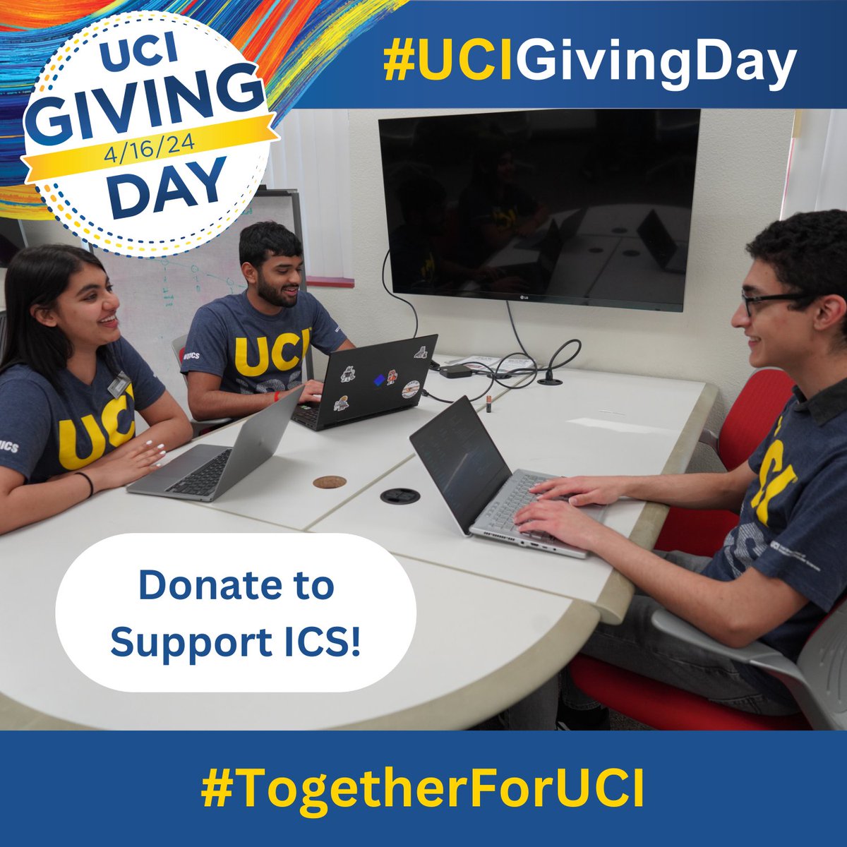 🎁 MAKE A GIFT: bit.ly/UCIgivingday20…

A gift of any amount before midnight (PST) will help us reach our goal! Giving Day provides much-needed support for ICS undergraduate and graduate students! 

THANK YOU for your generosity!

#TogetherForUCI #UCIGiving #UCIICS #UCIGivingDay