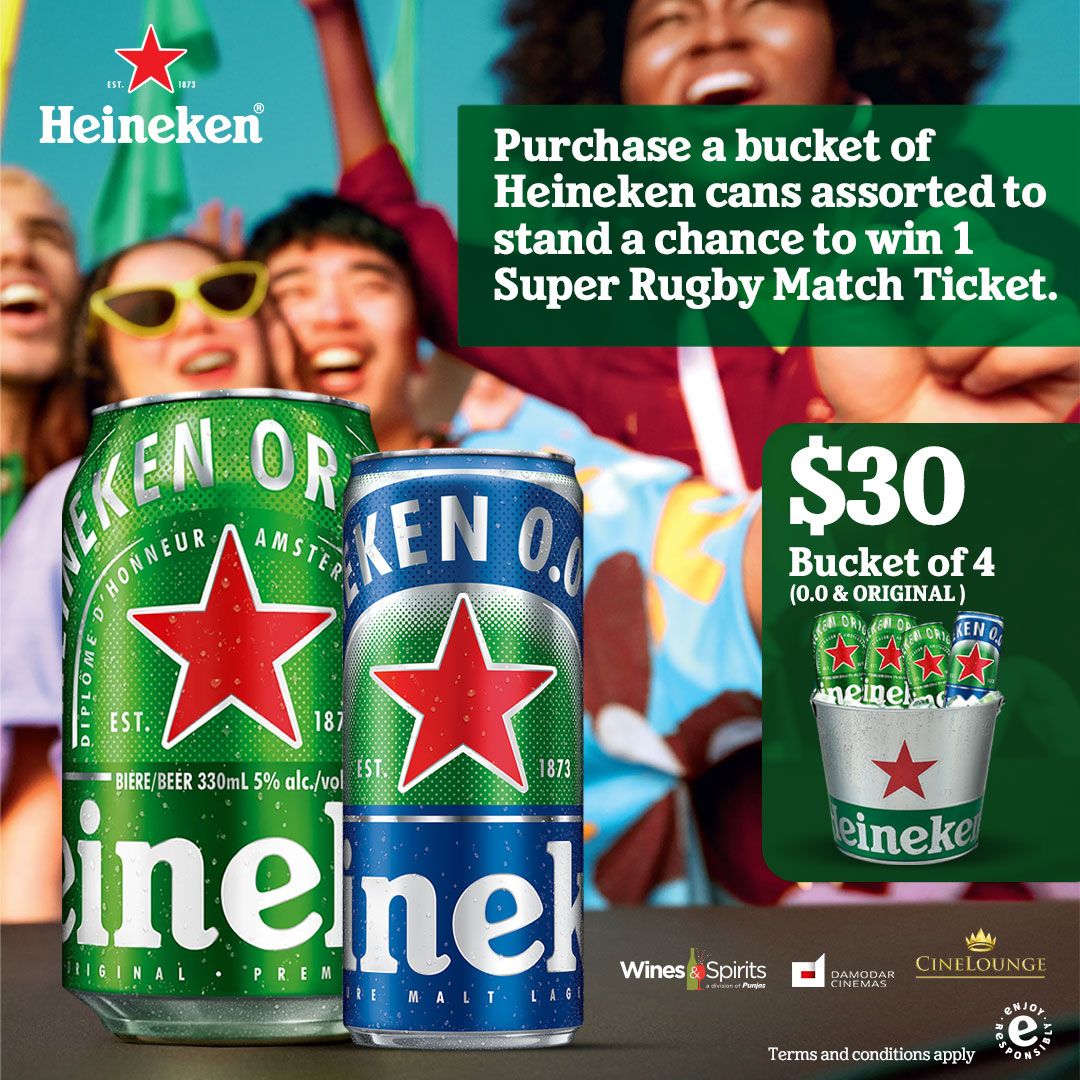 Cheers to #FijianDRUA with #Heineken. Every purchase from the Damodar CineLounge gets you a chance to win 1 home game ticket. You could be watching the #FijianDRUA game this Friday 19/4 from the HFC Stadium 🙂
