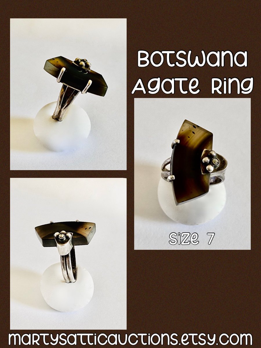 Natural Botswana Agate Ring - Artisan Slab Cut Agate and Marcasite, Older Split Shank Sterling Band, Unique Art Deco Style Ring, Size 7 Ring