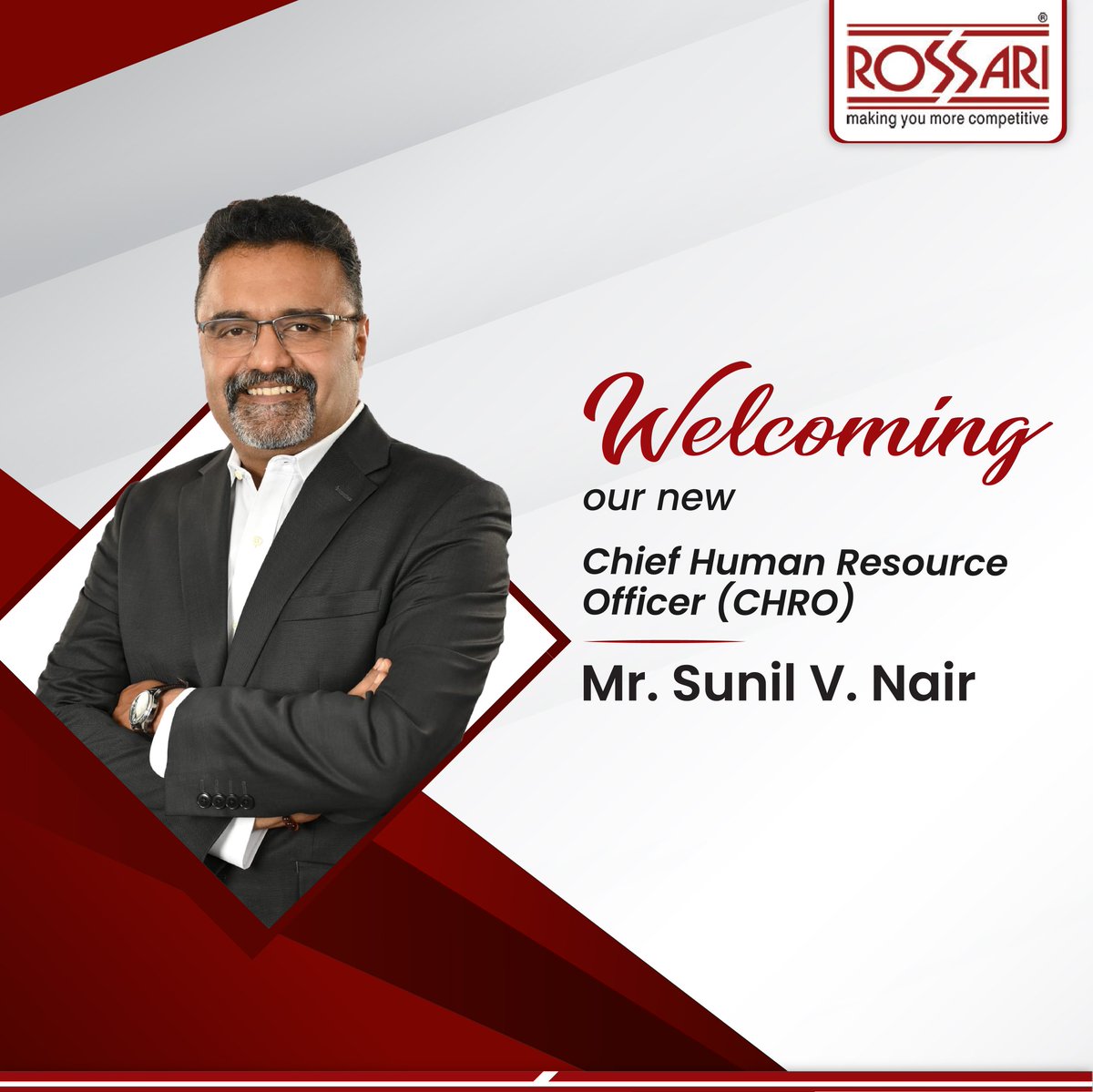 A warm welcome to Mr. Sunil V. Nair as the new Chief Human Resource Officer in the Rossari family.  

#rossari #rossaribiotech #rossarifamily #teamrossri #humanresource #carreratrossari #sustainablefuture #sustainabledevelopment #sustainabledevelopment