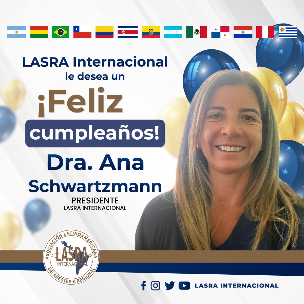 ¡Feliz cumpleaños Dra. Ana Scwhartzmann Bruno! Le deseamos que tenga un día muy especial lleno de alegría, amor y compañía y que los momentos que viva en su cumpleaños sean inolvidables y que llenen su corazón de luz y felicidad.