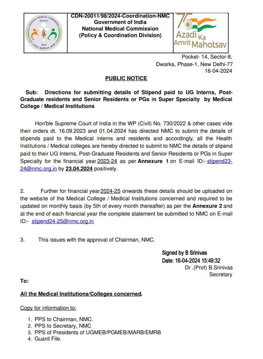 .@NMC_IND directed all Medical Colleges/Institutes of nation to submit details of Stipend paid to Interns, PGs and SRs following the orders of Supreme Court. Great decision to maintain the transparency. Special Thanks to Chairman NMC & Secretary NMC for this great step! @ANI