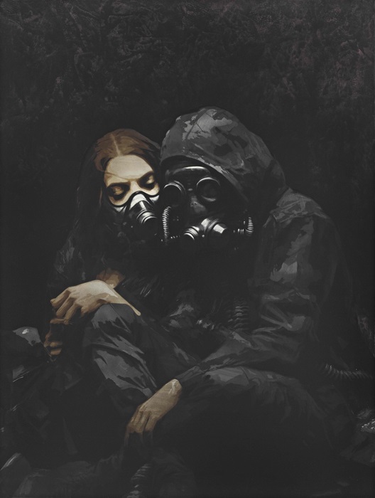 Luke Cornish WINS the 2024 Gallipoli Art Prize w/ 'The Pity of War' depicting a woman and a hooded figure huddled together wearing gas masks, conveying the profound sorrow experienced by mothers who have lost their children to the ravages of war. 
→ art-almanac.com.au/luke-cornish-w…