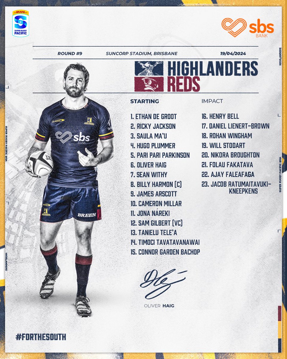 SQUAD | Your Highlanders to take on @redsrugby at Suncorp Stadium for super rugby round #9 🔥 ⚔️ Hugo Plummer first start ⚔️ Cam Millar at 10 ⚔️ Tanielu Tele’a back at 13 We go again. #FORTHESOUTH #rugby #nz #highlanders #superrugbypacific