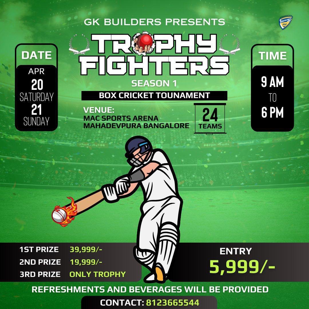 GK Builders presents Trophy Fighters Season 1 Box #Cricket #Tournament. The tournament to be held on 20th & 21st April 2024. Held at MAC Sports Arena, Mahadevapura, #Bangalore. @tournaments_360 @bangalore @BangaloreMirror @BangaloreTimes1