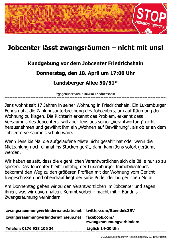 Es gibt Do. 18. April um 17.00 Uhr an der Landsberger Allee 50/51 gegenüber vom Klinikum #Friedrichshain eine wichtige Kundgebung vom Bündnis @BuendnisZRV

Das #Jobcenter hat Miete nicht überwiesen & ausbaden soll es Jens 😠

Bitte unterstützen!❤️🖤#b1804
t1p.de/l1dw6