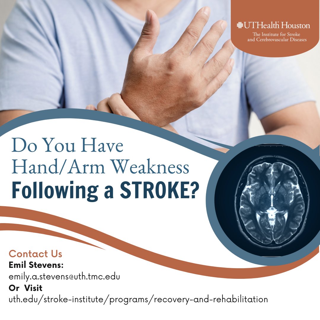 Enrolling stroke survivors with hand/arm weakness following a stroke in a new study: nTVNS in Chronic Stroke! Contact us to learn more about joining this research study right here in Houston. Learn more at uth.edu/.../programs/r…