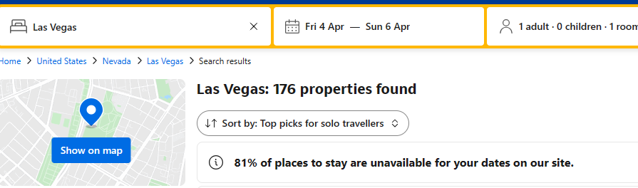 Hmmmmmm now why are 81% of hotels unavailable in early April 2025 in Las Vegas on Booking.com? Might there be an event coming that possibly involves a squared circle? The 41st edition?