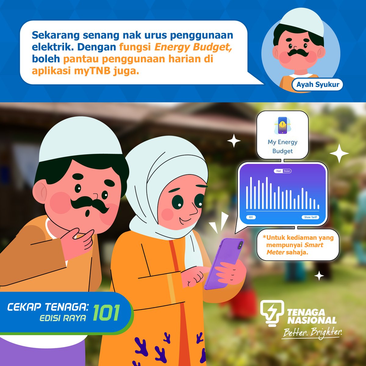 Untuk urus penggunaan elektrik semasa musim open house dan cuaca panas dengan lebih mudah, gunakan fungsi Energy Budget di myTNB app! 📱 Tetapkan had bajet pilihan anda & pantau penggunaan harian supaya anda sentiasa kekal dalam bajet 👍 #CekapTenaga101 #MELP #EnergyLiteracy