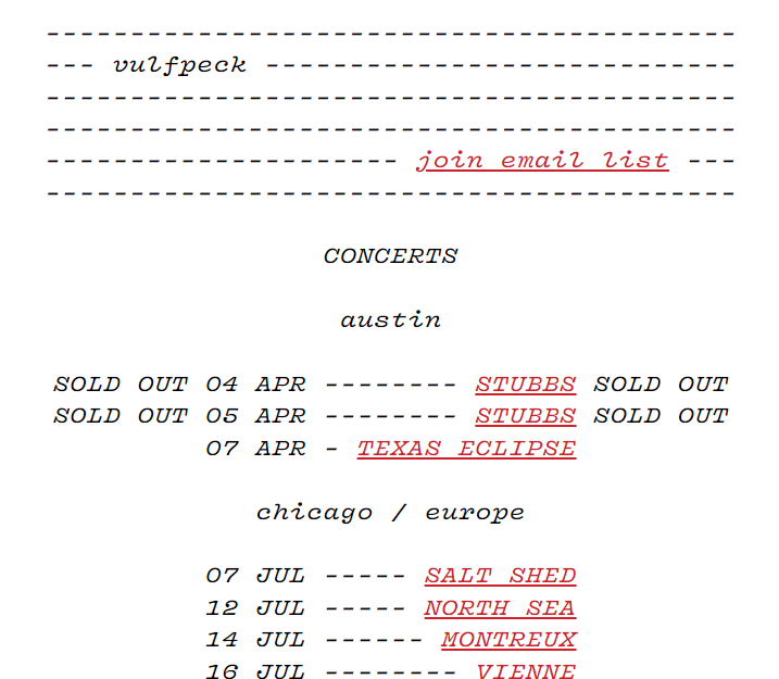 thatgrrl's tweet image. Are plain HTML/text sites going to make a comeback? vulfpeck.com #ASCIIart #PlainHTML What do &apos;they&apos; even call sites like this now?