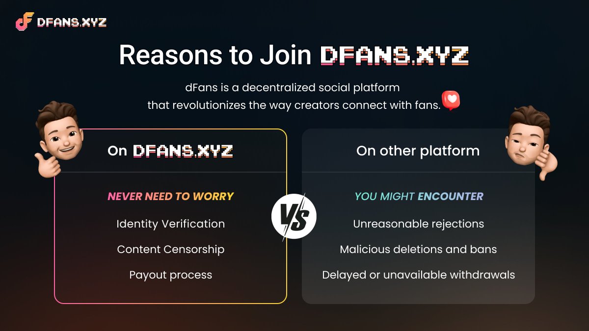 It's time to join dFans! It's similar to OnlyFans but champions decentralization and is super creator-friendly. There are no sign-up restrictions or malicious bans, and you can instantly withdraw earnings. It's definitely the best platform! dfans.xyz/becomeCreatorI…