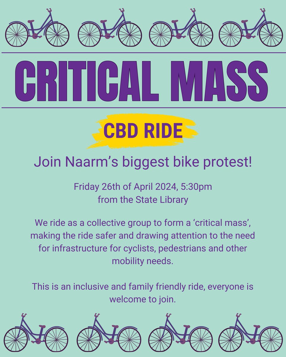 Next Friday Critical Mass is coming to the CBD! We’ll be riding through the city, highlighting the streets needing separated bike lanes. Good music, great people, grab your bike and come along!
