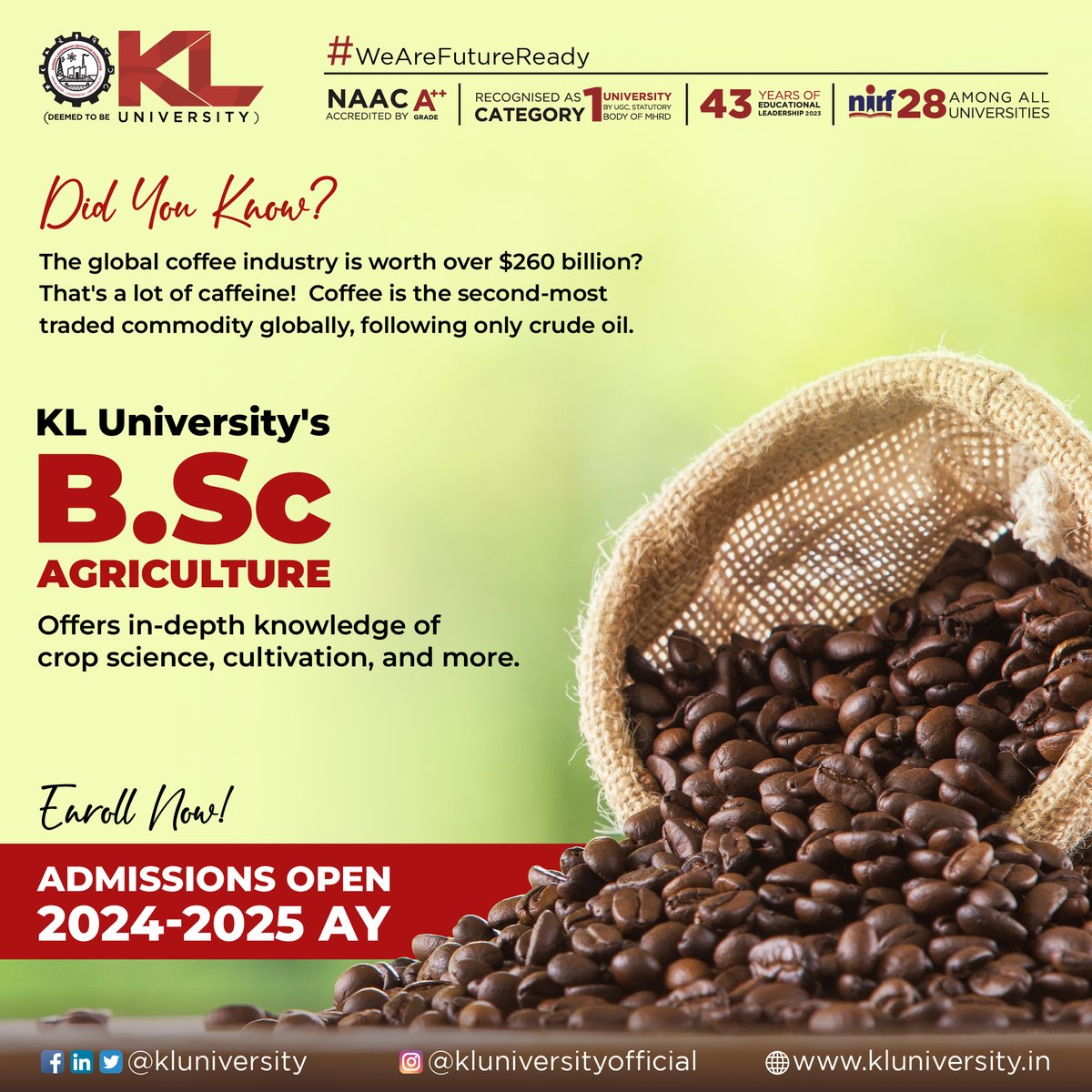 BSc Agriculture at KL University may lead to a serious case of 'coffeepreneur' dreams!   Learn about sustainable practices & become a coffee industry game-changer.  

Apply Now: kluniversity.in/admissions-202…

#KLuniversity #KLU #Admissions2024 #WeAreFutureReady  #BSC #Agriculture