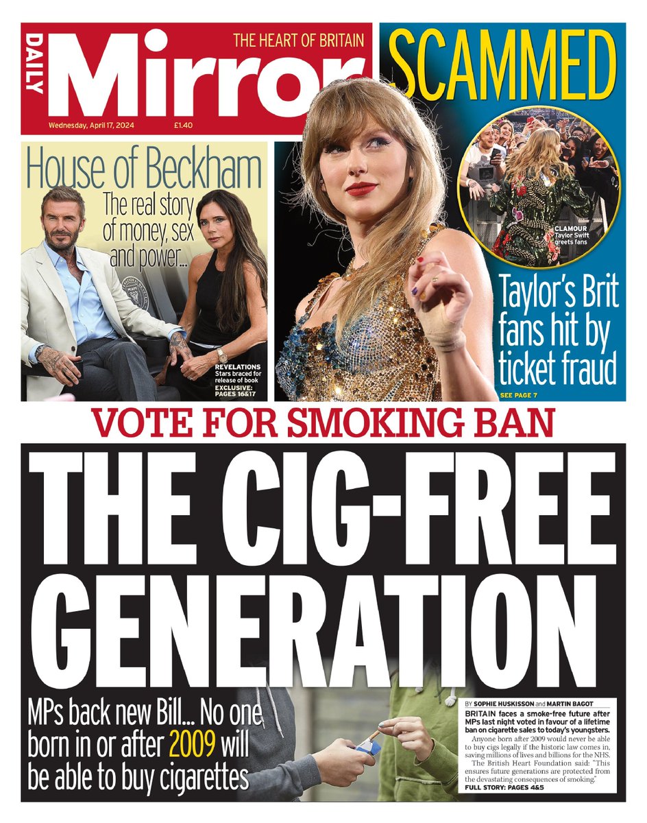 🇬🇧 The Cig-Free Generation ▫MPs back new Bill ... No one born in or after 2009 will be able to buy cigarettes ▫@soph_husk @MartinBagot ▫is.gd/pK3BGm 👈 #frontpagestoday #UK @DailyMirror 🇬🇧
