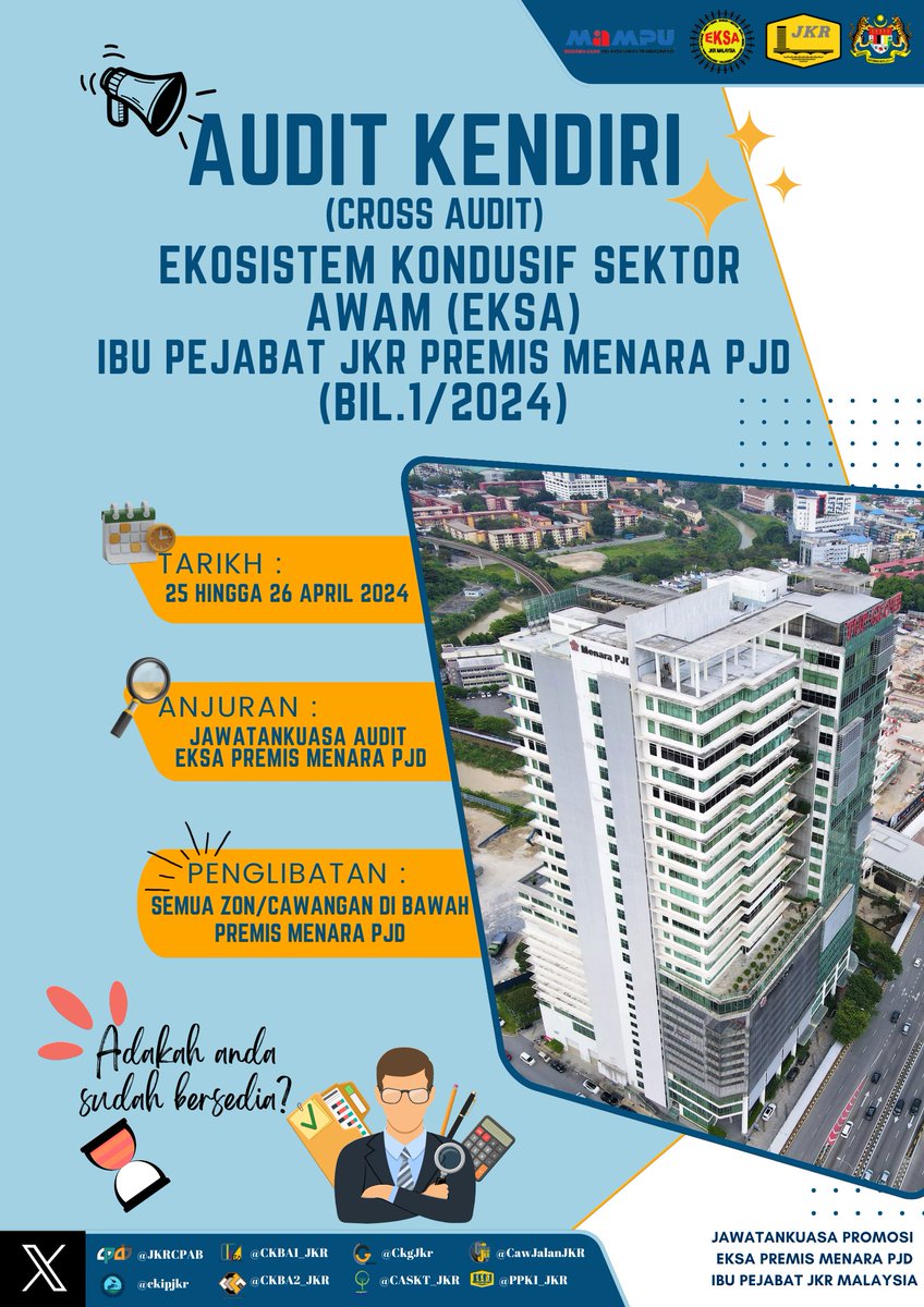 📣HEBAHAN

📌 Audit Kendiri (Cross Audit) Ekosistem Kondusif Sektor Awam (EKSA) Bil.1 Tahun 2024 Premis Menara PJD, Ibu Pejabat JKR Malaysia

🗓️ 25 - 26 April 2024

<a href="/CKBA1_JKR/">CAWANGAN KERJA BANGUNAN AM 1</a>
<a href="/CKBA2_JKR/">CKBA2 JKR</a>
<a href="/ckipjkr/">CKIP JKR Malaysia</a>
<a href="/CkgJkr/">JKR~CKG~Siasatan Tapak</a>
<a href="/CawJalanJKR/">Cawangan Jalan JKR Malaysia</a>
<a href="/CASKT_JKR/">Cawangan Alam Sekitar & Kecekapan Tenaga JKR</a>
<a href="/PPK1_JKR/">PASUKAN PROJEK KHAS 1</a>