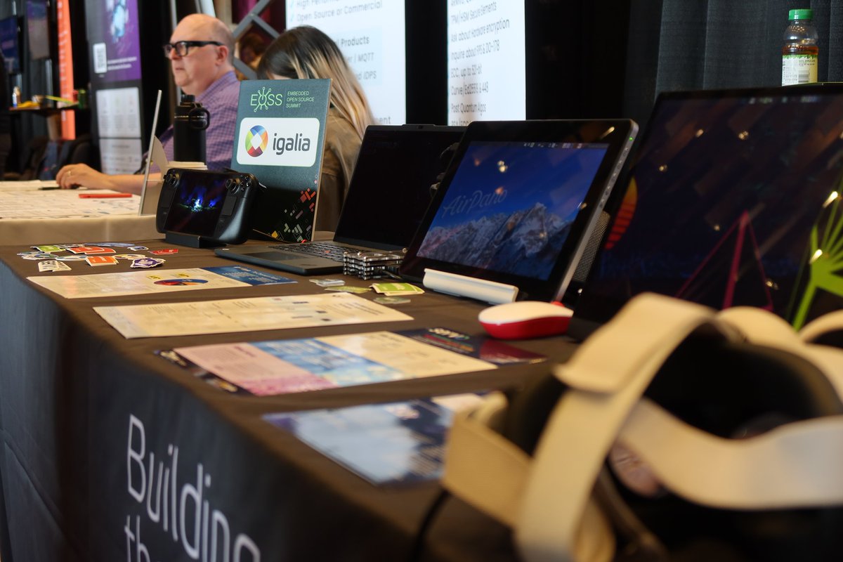 mariospr's tweet image. The first day of #EmbeddedOSSummit has finished after many interesting conversations at our booth. We'll still be around two days more though, so don't hesitate to visit us if you want to learn more about what we do at @igalia, try our demos or just get some cool stickers! 😉