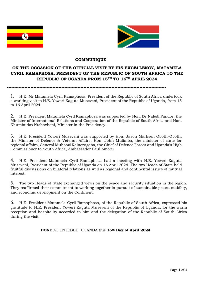 COMMUNIQUE ON THE OCCASION OF THE OFFICIAL VISIT BY HIS EXCELLENCY MATAMELA CYRIL RAMAPHOSA, PRESIDENT OF SOUTH AFRICA TO UGANDA FROM 15TH TO 16TH APRIL 2024. #OpenGovUg #UGCitizenUpdate