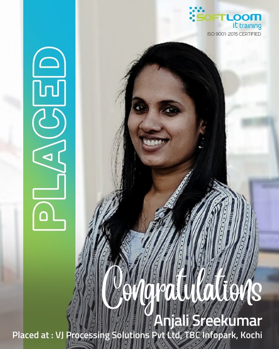 Congratulations Anjali Sreekumar For Getting Placed at VJ Processing Solutions, kochi
#placement #ittraining #softloomittraining #ITTrainingInstitute