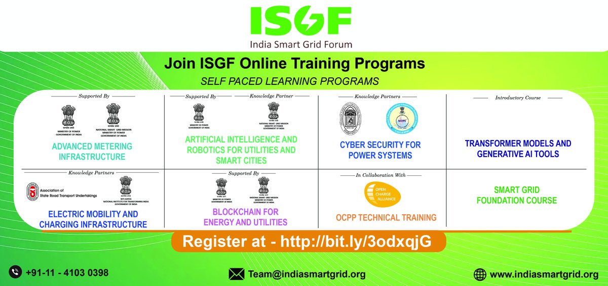 Join ISGF Online (Recorded) Training Programs on #AMI; #CyberSecurity for Power Systems; #ElectricMobility, #ChargingInfrastructure; #AI, #Robotics for #Utilities, #SmartCities; #Blockchain for #Energy & #Utilities

 Register Now: ow.ly/SffQ50Nyflu