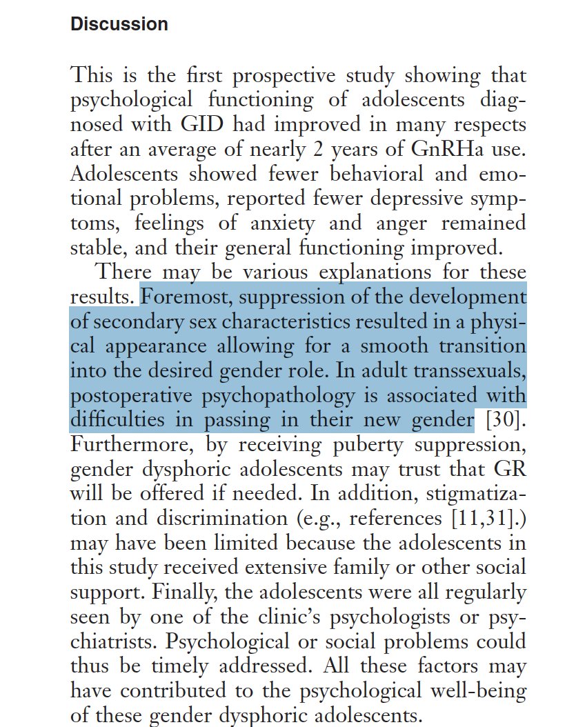In the 2011 paper on the 'Dutch model' that introduced pediatric gender-transition treatment to the world, the 'foremost' explicit reason the authors pointed to for the apparent benefits of such treatment was so natal males could pass better as women. academic.oup.com/jsm/article-ab…