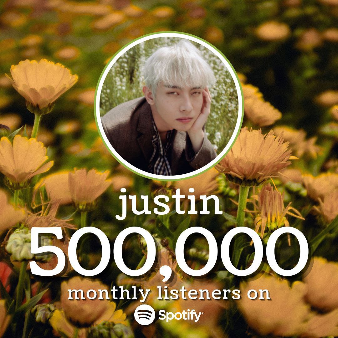 another milestone achieved 🎉 justin now has half a million monthly listeners on Spotify! Don't forget to follow him on Spotify and listen to his songs 💚 🔗open.spotify.com/artist/20XuMlp… @justintdedios #justin