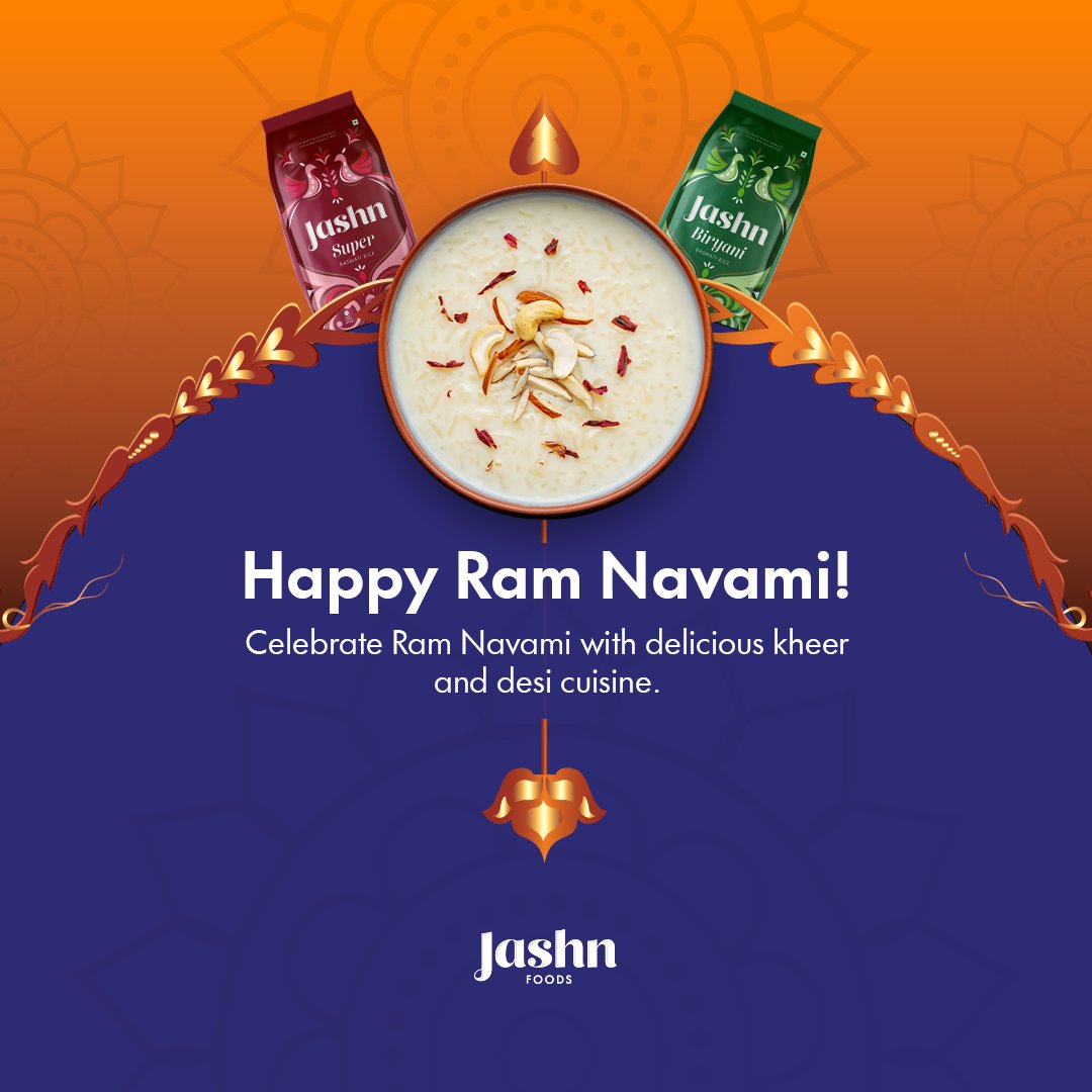 Wishes you peace, prosperity, and good health on the auspicious occasion of Ram Navami. Happy Ram Navami.
.
.
#RamNavami #ChaloJashnBanateHai #JashnFoods #TheFinestBasmatiRice #Kheer #HappyRamNavmi