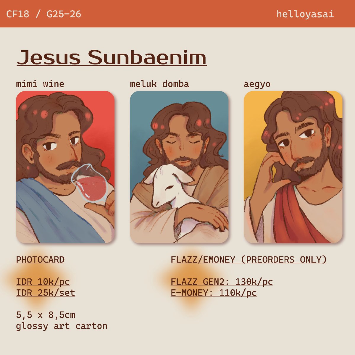 sesayuran's tweet photo. [RT's Appreciated 💖]
Yasai's #CF18 preorder is open!

📅 PO: 17-23 april 2024
📦 OTS pick up day 1-2 &amp; mail order
📍 G25-26 (Jjajan)
🔗 PO link: https://t.co/3UwlXBx4zv

original merchs:
🩷 stiker wasaf meng
🩷 stiker meng kubus
🩷 printilan Jesus Sunbaenim https://t.co/a5KQX8uDmS