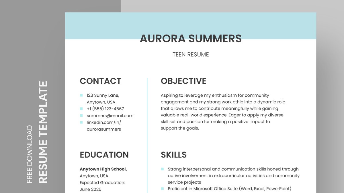 Teen Resume. Free Google Docs template. Can be used free of charge for business, education, and personal use. #gdoc #googledocs #resume #resumedesign #resumes #resumetemplate #teen #teenresume #teenresumetemplate #template

Get free →  gdoc.io/resume-templat…