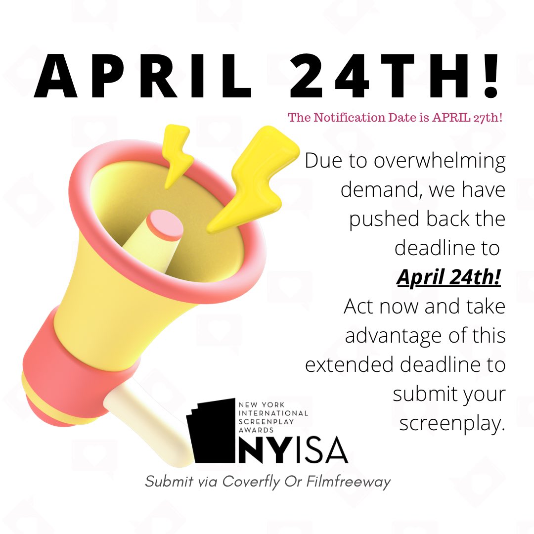 We extended the deadline to 
April 24th! Due to high demand!

#screenplay #screenwriting #prewga #extendeddeadline #script #screenwriter