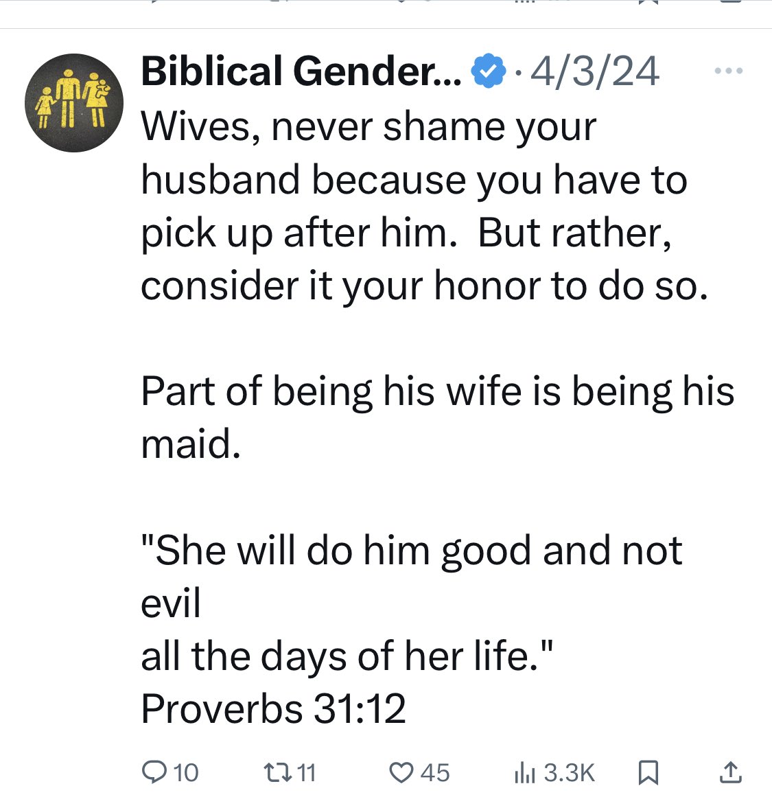 I checked. This account is for real.

It’s 2024 and men are trying to reestablish a patriarchy by selling women #tradwife bullshit.

They’re trying to gaslight us again.

Ladies, you don’t need a man terrorizing & abusing you with one hand while giving you flowers with the other.