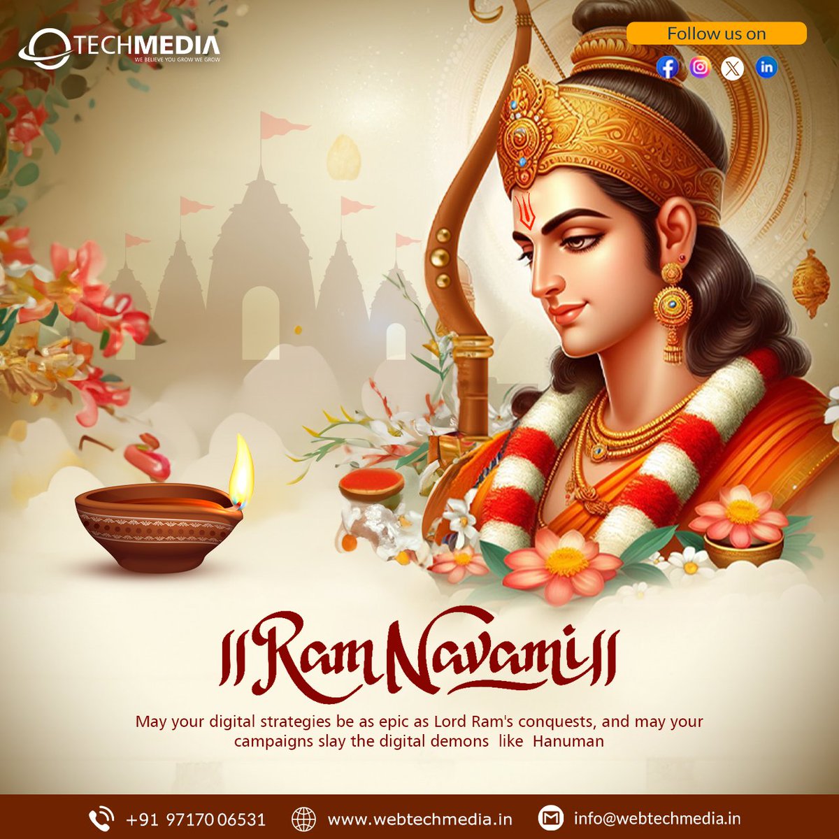 TechmediaWeb's tweet photo. May the divine blessings of Lord Rama illuminate your life this Ram Navami. Happy celebrations from Web Techmedia.

#RamNavami #JaiShreeRam #born #Ramayana #Ramnavmi #Hanuman #JaiShriRam #Hindus #Navratri2024 #HappyRamNavami #RamMandirAyodhya #festival #NavratriFestival https://t.co/MPTplMiRCc