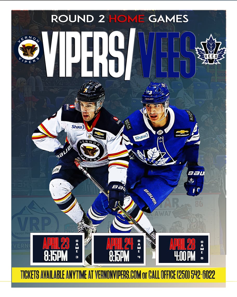 Vipers and Vees in Round 2! Here are the home dates and times! Full schedule will be out tomorrow! The Vipers office will be open at 9 to secure your seats for Games 3 and 4. Season ticket holders have until noon on game day to purchase their tickets.