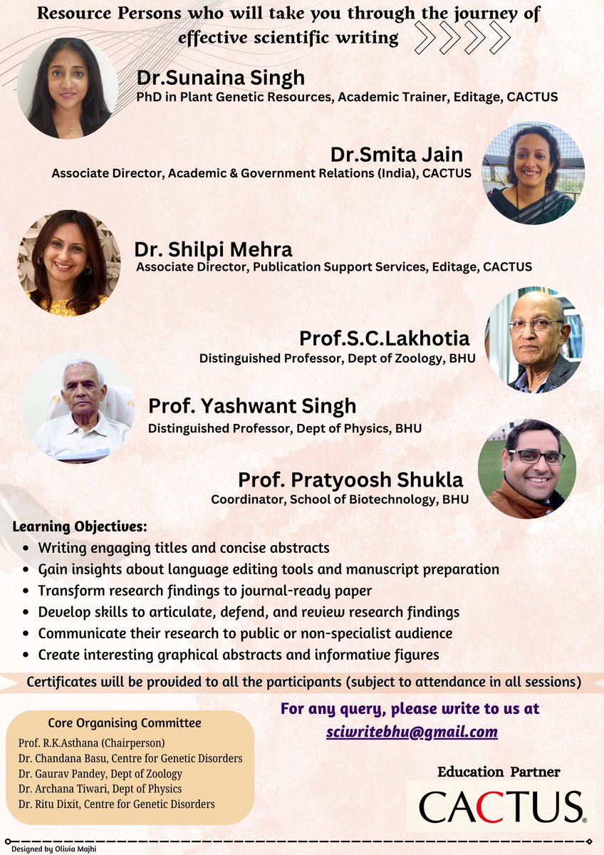 Two days hands-on scientific writing workshop is being organised under the aegis of Student #Leadership & #LifeSkills Development Initiative, Institute of Science, BHU in collaboration with @Cactusglobal tailored for Phd students and post docs on 25th-26th April. Register soon !!