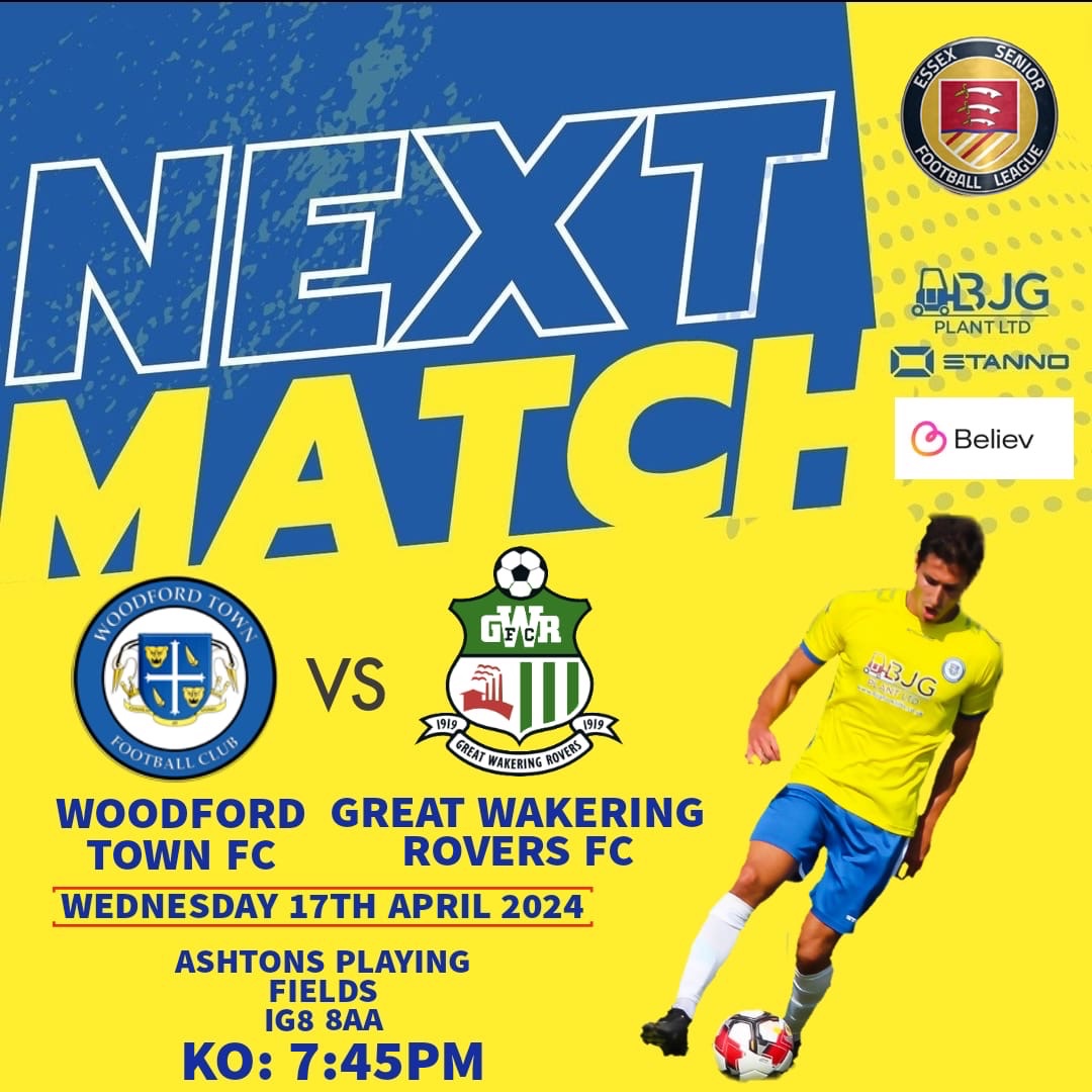 MATCH DAY IS HERE

Football for £5 and a freebie with free entry to the last home game! 

📆 Wed 17th Apr 2024
🏆 <a href="/EssexSenior/">Essex Senior League</a> 
⏰ 7:45pm KO
🆚 <a href="/GREATWAKERINGRO/">The Rover</a>
 🏟 Ashtons Playing Fields, IG8 8AA
🎟️ Adults £5 | Con free | U16’s Free
🍻 Bar open from 6pm

woodfordtownfc.com/news/the-woods…