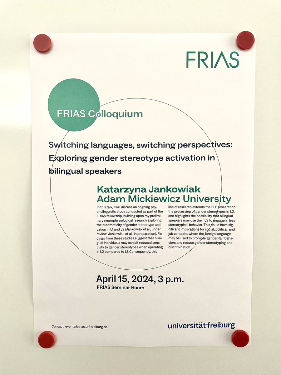 katjankowiak's tweet photo. Excited to have shared novel insights on how gender stereotypes shape bilingual cognition this Monday! Big thanks to @FRIAS_UFreiburg for supporting my research and offering the platform to discuss this crucial perspective! #GenderStereotypes #BilingualCognition https://t.co/FvZfxrGOp7
