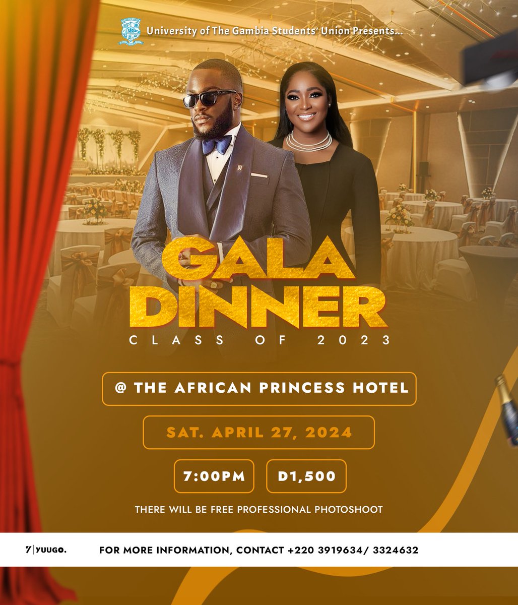 The 22nd Exco of UTGSU presents a Graduation Gala Dinner for the C’23 which is slated for the 27th of April 2024, at the African Princess Hotel. The ticket for the Gala Dinner is D1,500 only with a free professional photoshoot. #ClassOf2023 #ConvocationGalaDinner