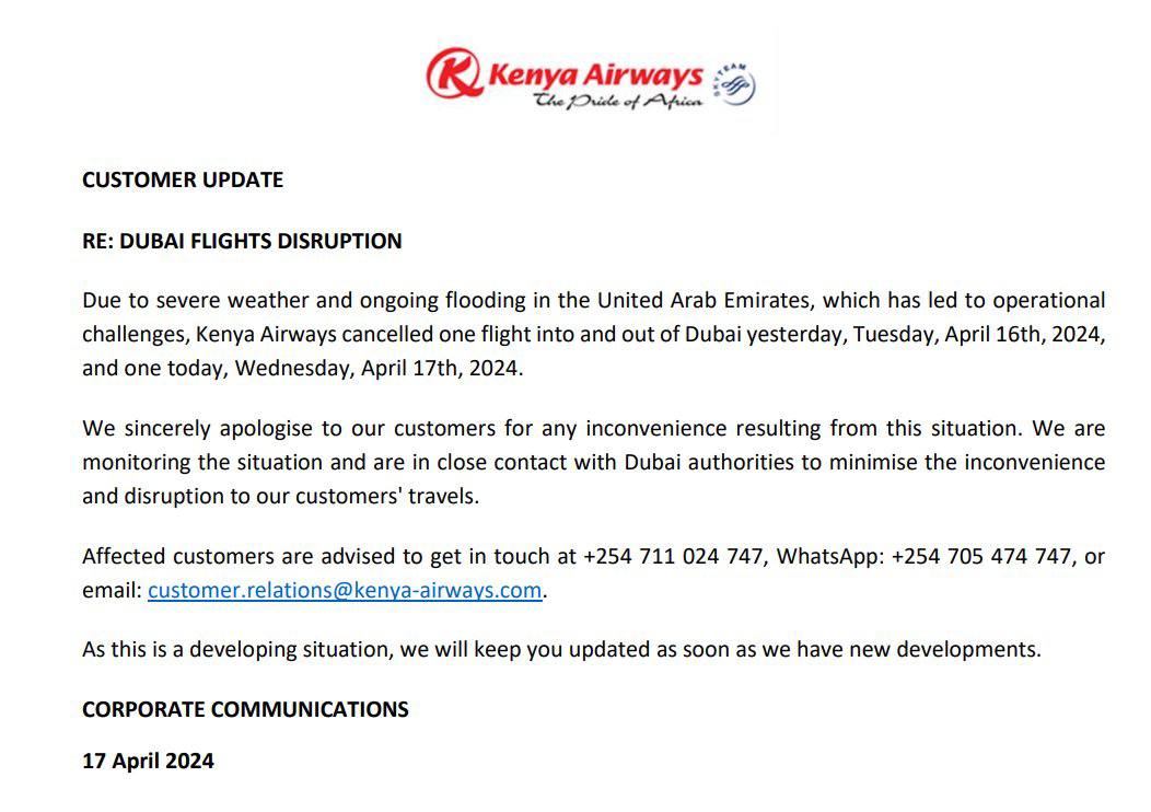 Kenya Airways cancels flights into and out of Dubai after severe weather conditions and flooding in the Middle East country.